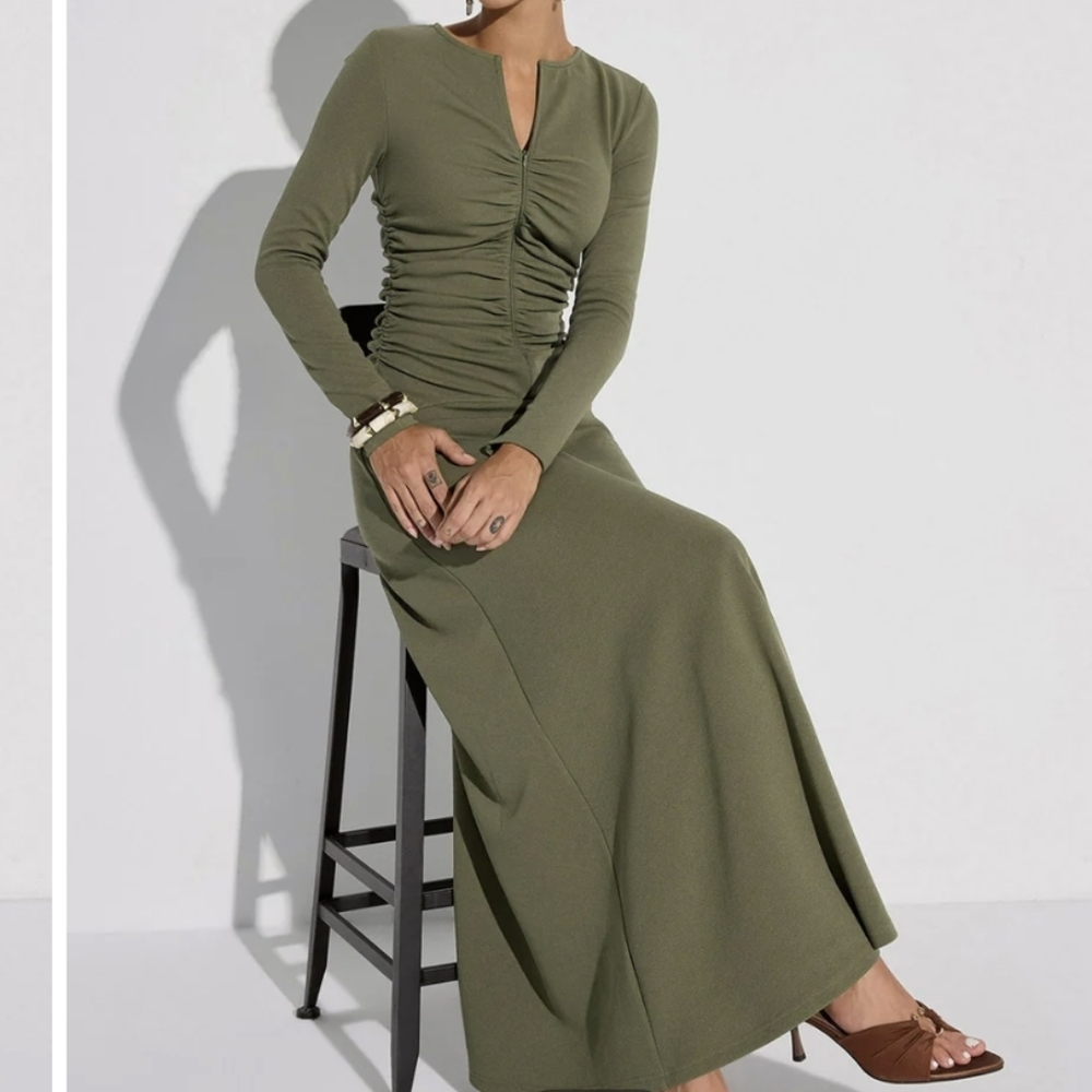Commense Long Sleeve Maxi Dress Zipper Front Ruched Olive XL NWT